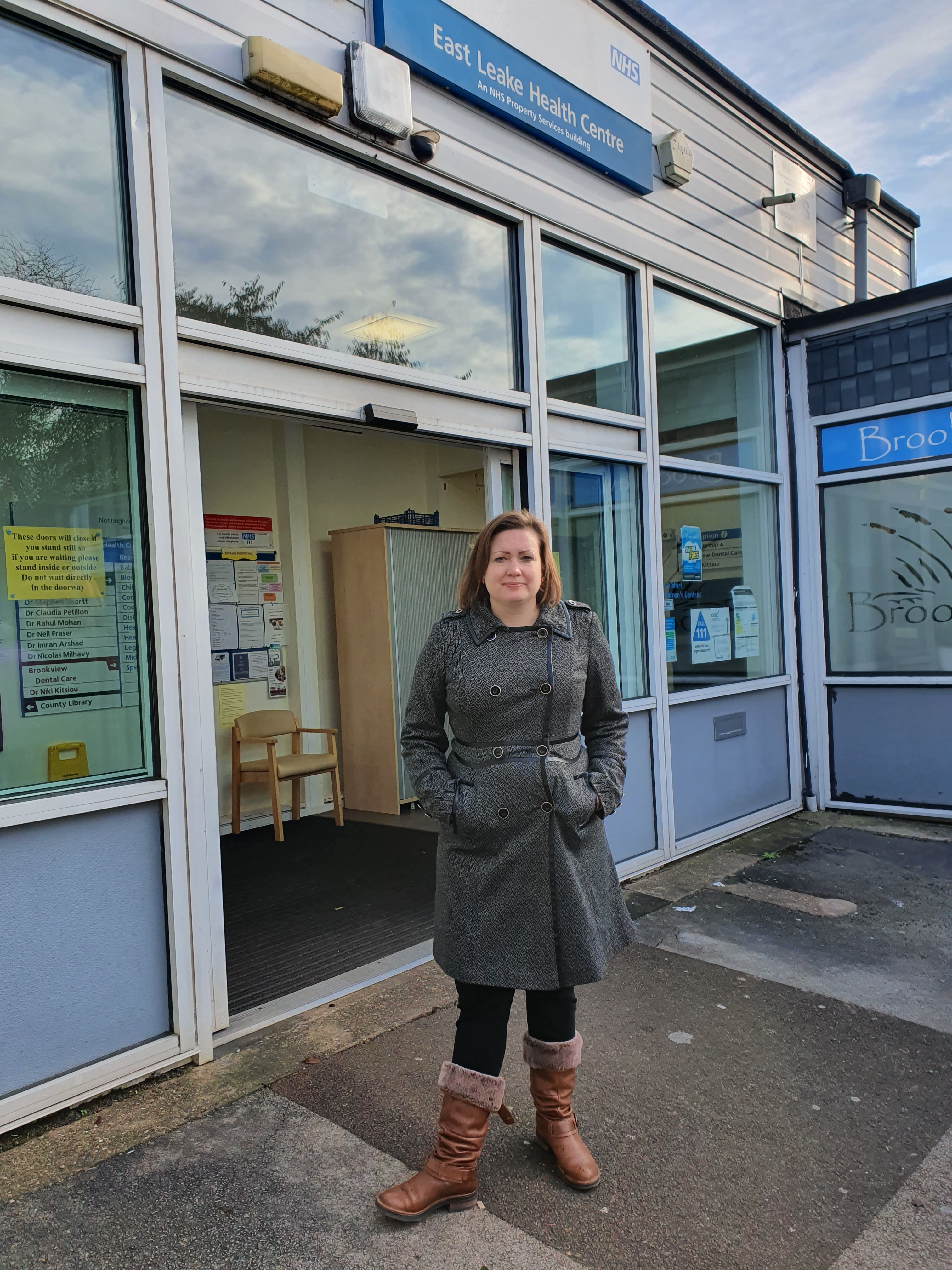 Ruth in front of East Leake Health Centre